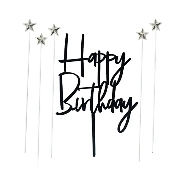 Black Happy Birthday Cake Topper Set – 1 Acrylic Topper + 5 Silver Star Cupcake Picks, Party Decoration for Birthday Cakes, Elegant Modern Cake Décor