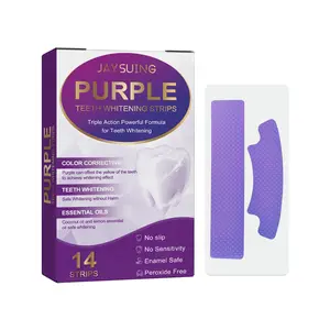 "Get 14 strips in one pack! These purple whitening strips remove yellow stains, brighten your smile, and are totally gentle—no sensitivity, enamel safe, peroxide-free!"