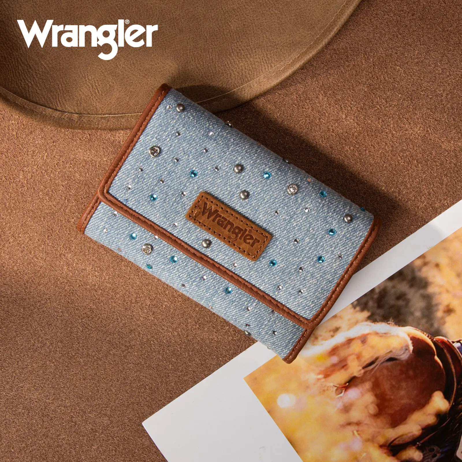 Wrangler Women's Denim Trifold Wallet, RFID Blocking Small Wallet with Rhinestone Studs, Card Holder, ID Window and Zip Coin Pocket