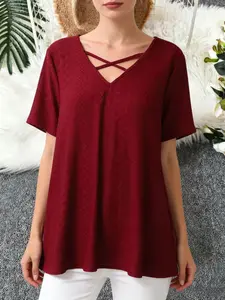 Plus Size Hollow Out V Neck Short Sleeve Top Blouse, Breathable Slimming Loose Fit, Comfortable and Casual Stylish, Perfect for All Body Types