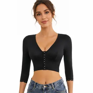 Women's 3/4 Sleeve Arm Shaper, Cropped Compression Shapewear Top with Adjustable Front Closure for Postpartum Back Smoothing bra