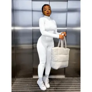 Women's solid color tight fitting high neck long sleeved jumpsuit, medium size polyester and spandex, suitable for casual wear