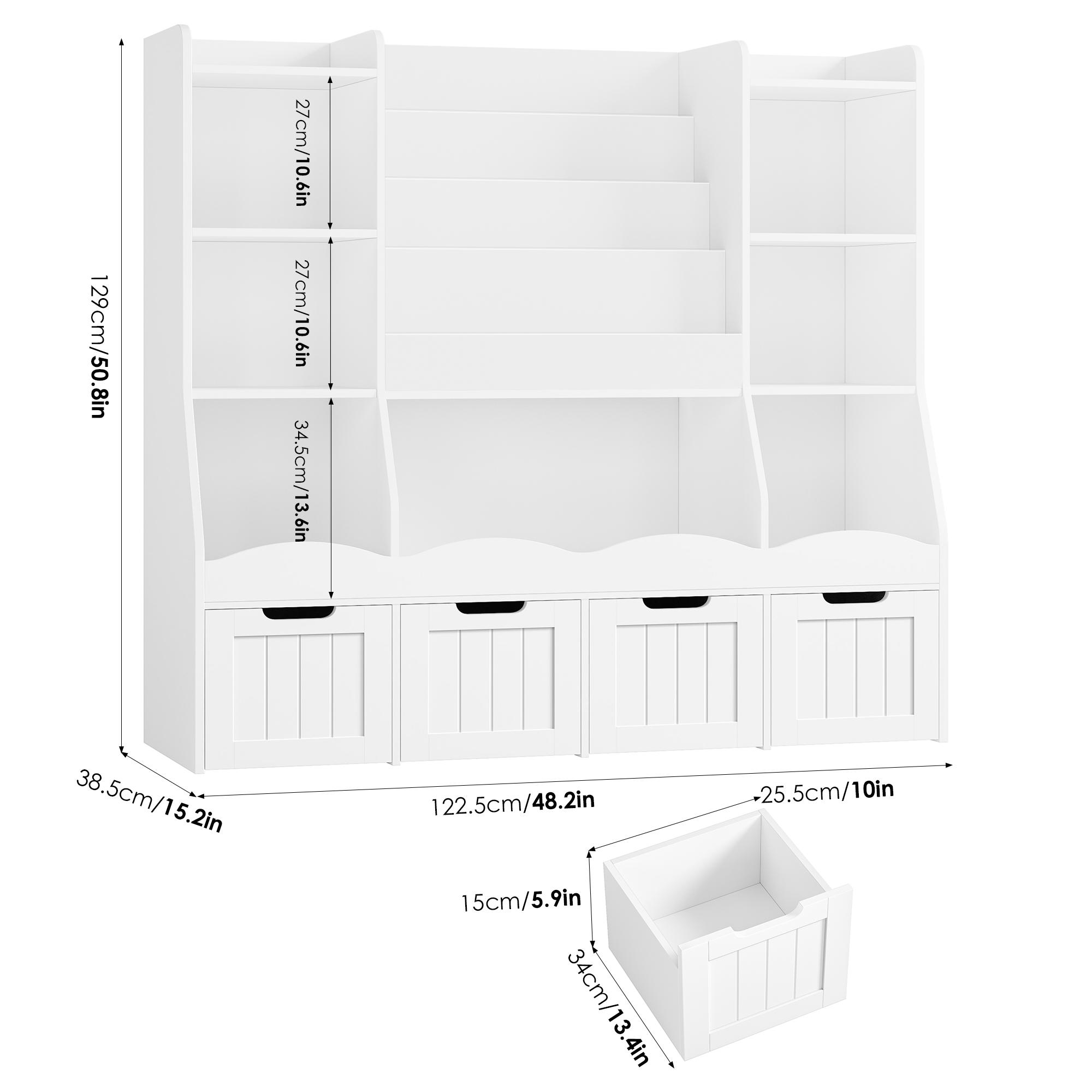 FOTOSOK Storage Organizer,  Bookshelf Book Shelf for Room with 4 Movable Drawers and 7 Storage Cubbies
