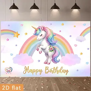 1pc Polyester 2D Flat Banner - Colorful Multicolor Happy Birthday, Rainbow, Unicorn Print - Reusable Photo Backdrop for Party Decor, Home Photography
