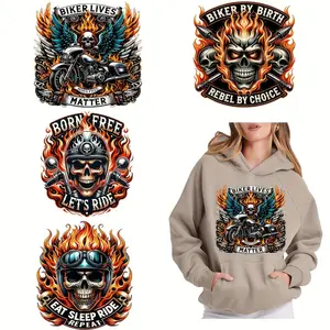 6 Pack Motorcycle Skull Iron on Transfer Stickers Mixed Colors DIY DTF Heat Transfer for T Shirts Masks Jeans Backpacks Washer Reusable