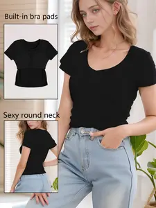 2025 Summer New Black crew neck Short Sleeve T-shirt, built-in chest pads, no need to wear underwear, slim fit design.024