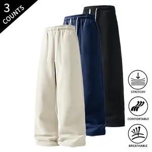3-Pack Men’s Comfortable Straight-Leg Loungewear Pants, Elastic Drawstring Waist, Stretchable & Breathable, Loose-Fit Pants for Men