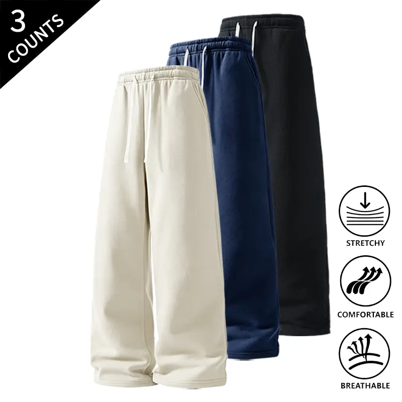 3-Pack Men’s Comfortable Straight-Leg Loungewear Pants, Elastic Drawstring Waist, Stretchable & Breathable, Loose-Fit Pants for Men