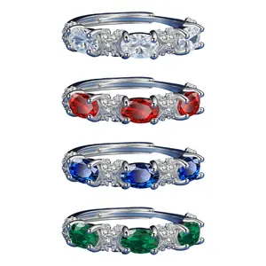 Women's 4-Color Oval Cut CZ Eternity Ring, Adjustable Silver-Plated Stackable Band, Crystal-Accent Wedding & Daily Minimalist Fashion Costume Jewelry