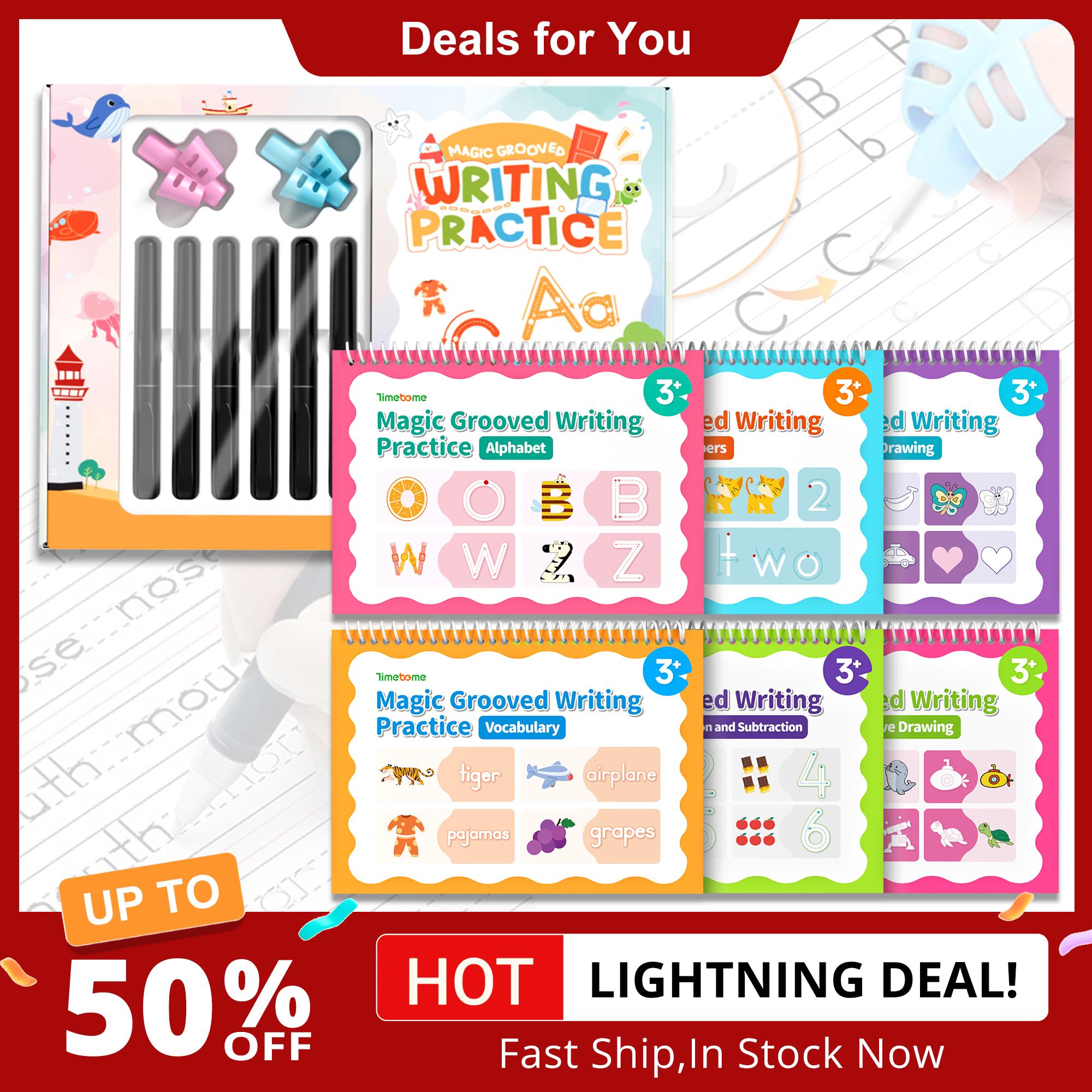 【Deals For You Days】TIMETOME Reusable Grooved Handwriting Workbook for Kids, Learning Materials, 6 Books–Early Elementary, Covers Math, Words, Drawing –Gift for Children Lettering Spiral Notebook school supplies，summer learning workbook