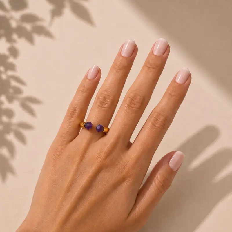 Natural Amethyst Adjustable Open Ring | Gold Plated Brass