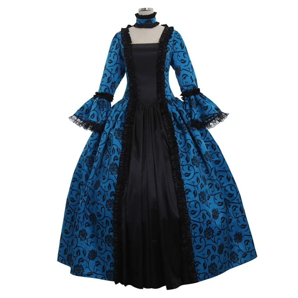 Women's Vintage Ball Gown, Blue Gothic Renaissance Formal Dress with Bell Sleeves, Floor-Length Low Iron Polyester for Themed Events, Lady, Elegance, Gothic-Victorian, Fitted, Lace, Hip, 3Xl, Flat, Hand Wash, Renaissance Fairs, 2Xl