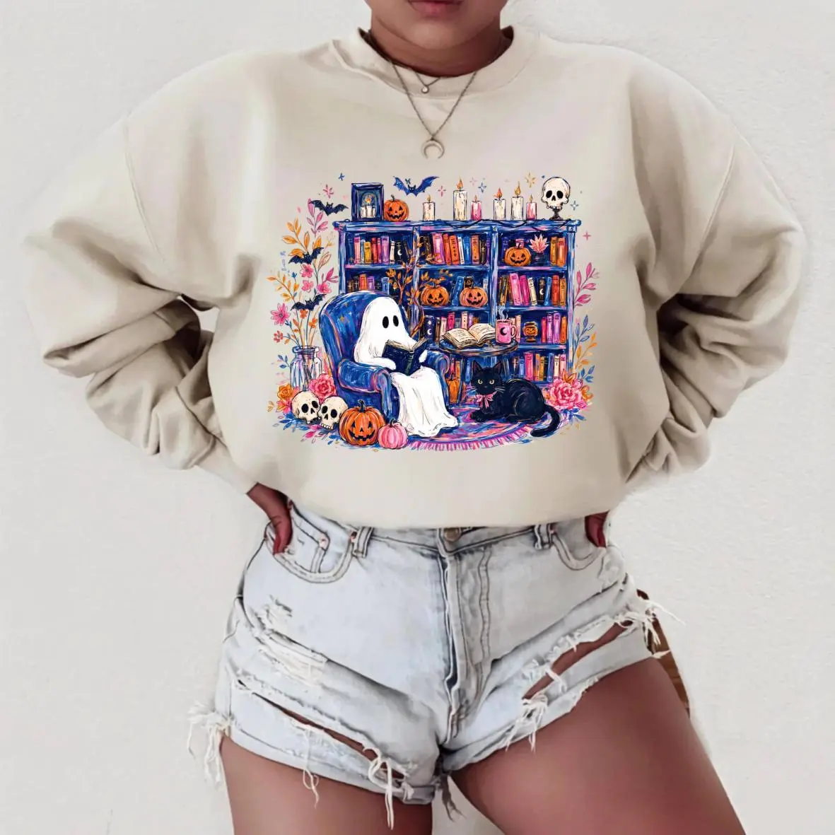 Ghost Reading Book Sweatshirt, Spooky Halloween Book Lover Graphic and Vintage Cozy Bookshelf Sweatshirt, Gothic Cottagecore Casual Style and Cute Fall Reading Vibe | GHINI