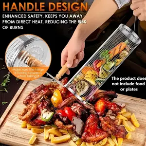 Round Rolling Grill Basket, Stainless Steel Barbecue Cage with Detachable Handle, Cylinder Wire Mesh BBQ Tube, Large Capacity Outdoor BBQ Essential, Barbecue Accessories, Perfect for Family Gatherings, Garden & Outdoor Kitchen Grilling