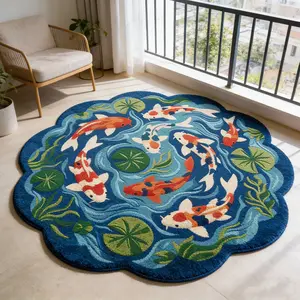 Blue Wave Koi Fish Pond Rug, Creative Vintage Nordic Style Carpet, Washable Plush Mat for Living Room Bedroom Balcony Courtyard