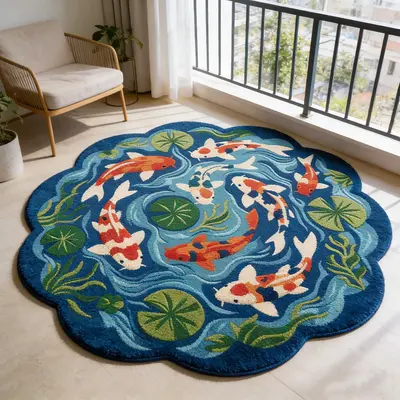 Japan And Hawaii Round Carpet Sakura Koi Fish Hawaiian Lei Kanaka - Polynesian Pride Japan And Hawaii Round Carpet Sakura Koi Fish Hawaiian Lei Kanaka - Polynesian Pride