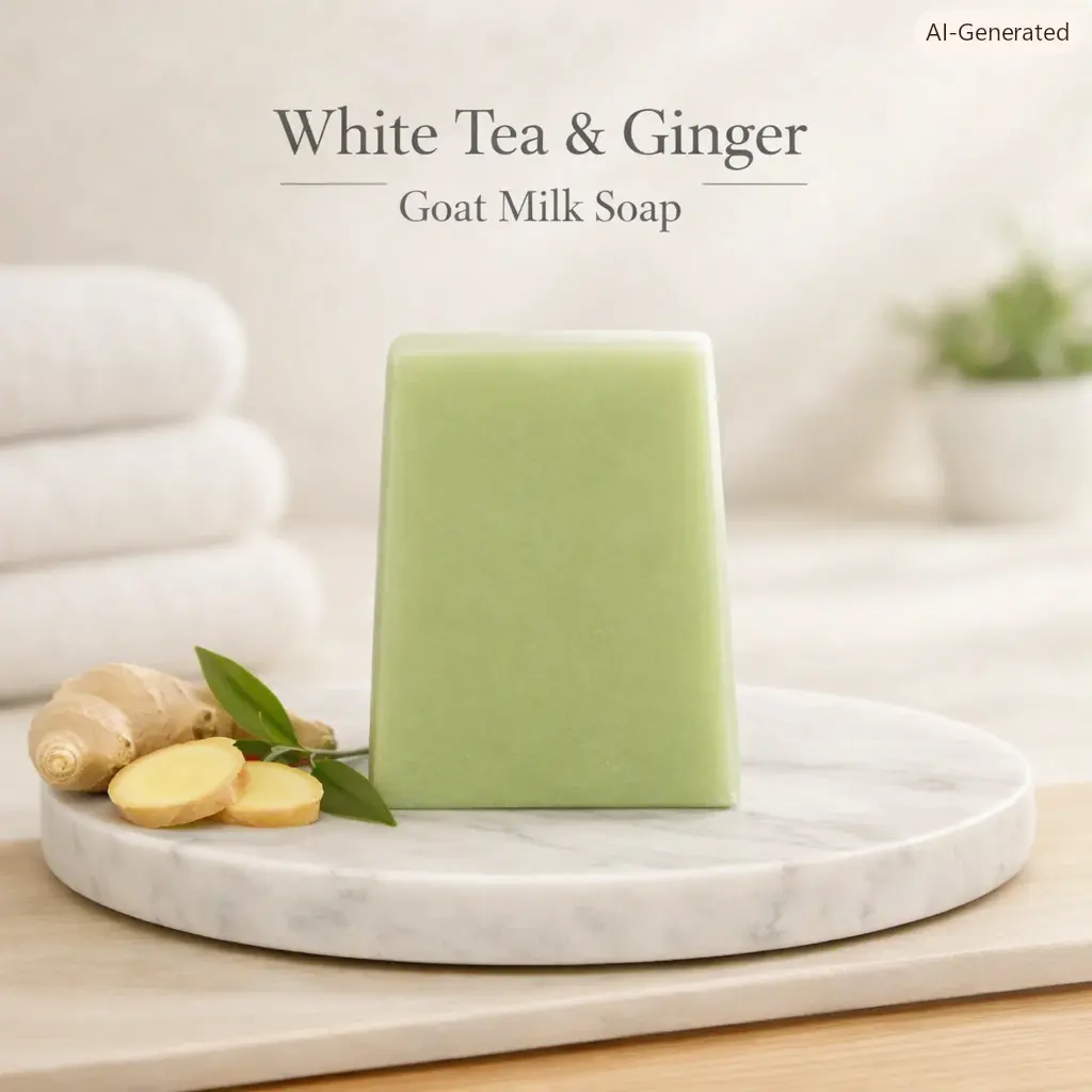 Handmade Goat Milk Soap Bar with Olive Oil - White Tea Ginger & Pine Fragrance, Natural Nourishing Hydrating Gentle Formula, Sustainable Eco-Friendly Body Care Cleanser for All Skin Types, 150G Daily Bath Use