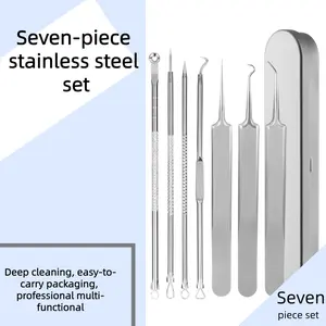 Seven-piece stainless steel acne needle set, double-headed and dual-purpose, with a knurled surface, used for picking acne, squeezing acne, and removing blackheads and pimples
