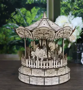 3d Wooden Puzzle Carousel Music Box HandmadeAssembly Model Kit Holidays Birthdays Christmas Gifts