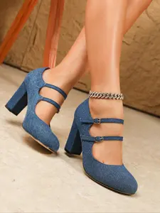 Women's Denim Mary Jane High Heels – Round Toe, Chunky Heel with Double Buckle Straps, Slip-On Pumps. Retro Comfortable Chunky Heel High Heels – Versatile for Commuting, Work, and Parties.