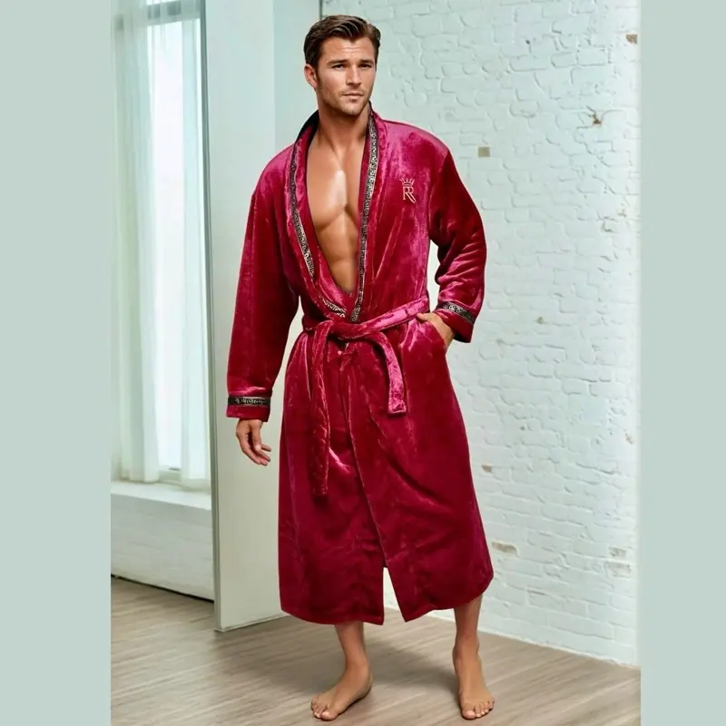 Royalty Robes Men's Plush Fleece Bath Robe with Gold Greek Key Trim, Pockets & Tie Belt - Loungewear for Relaxation, Preppy, Boxing Robe