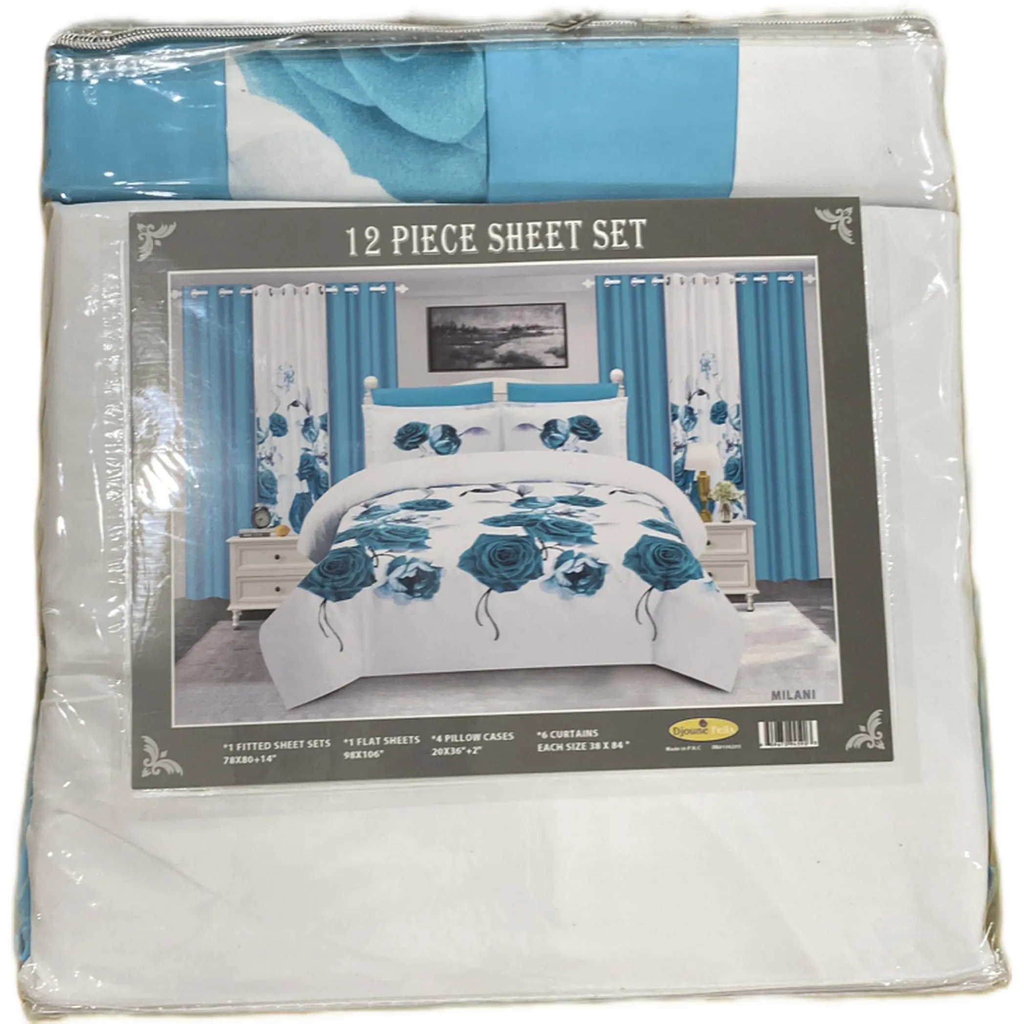 12 Piece Sheet Set with Floral Design, Includes 1 Fitted Sheet, 3 Flat Sheets, 4 Pillow Cases, and 4 Shams, 100% Cotton, 18 x 26"