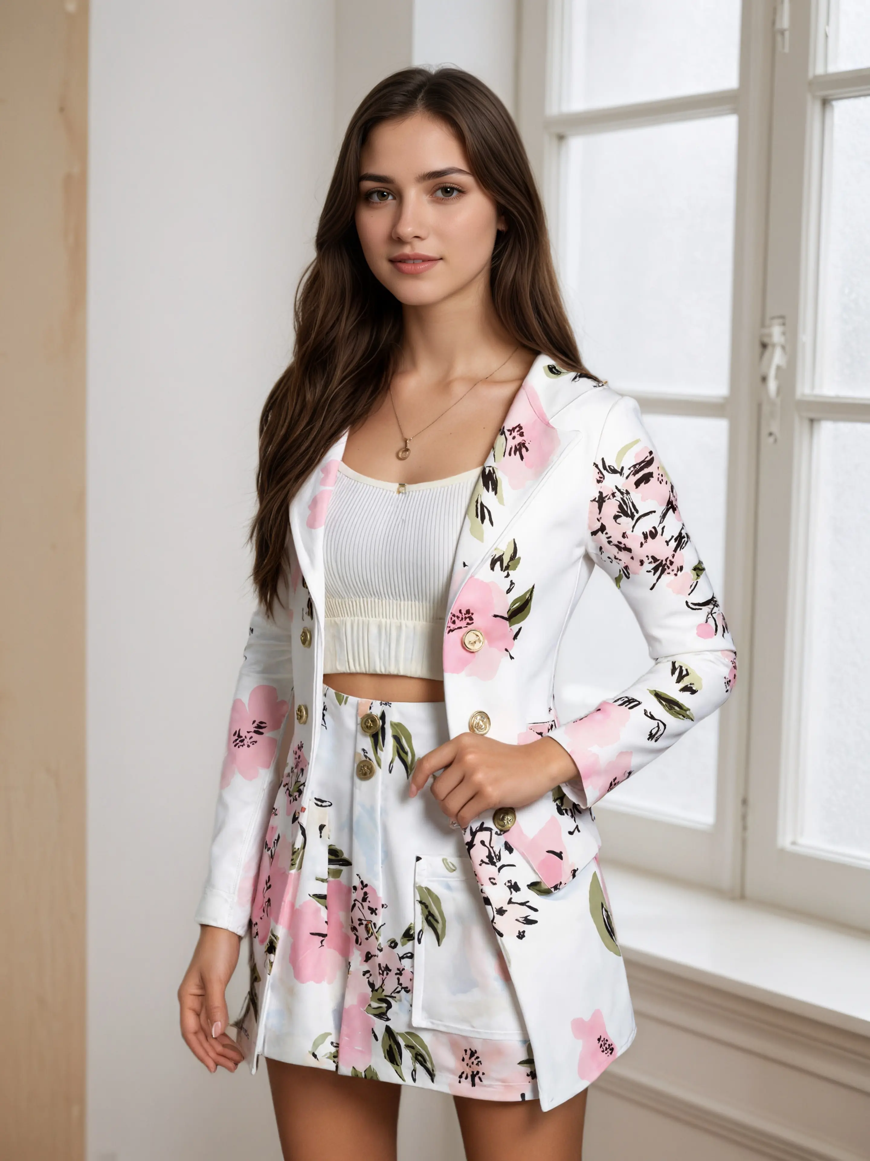 Elegant Two-piece Set, Fashionable Double Breasted Lapel Suit Jacket and High Waisted Floral Print Mini Skirt, New Women's Set Casual Womenswear