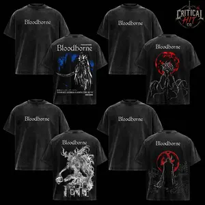 Bloodborne Vintage Washed Oversized T Shirt, Hunter of Yharnam Graphic Tee, Blood Moon Gothic Horror Gaming Shirt, Gehrman Moon Presence Dark Fantasy Artwork, Double Sided Heavyweight Cotton Retro Streetwear, Distressed Acid Wash Unisex Gamer Gift Tee