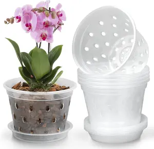 Orchid Pot, 8 Pack 4 Inch Orchid Pots with Holes and Saucers,Clear Plastic Flower  Pot for Indoor Outdoor ,Slotted Orchids Planter(4Inch)