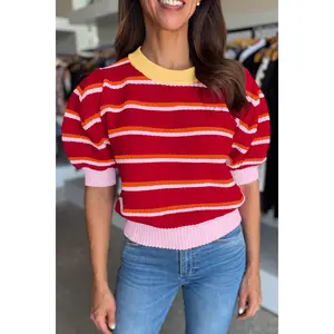 Red Stripe Colorblock Trim Half Sleeve Sweater Top