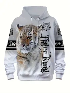 Men's Casual Drawstring Hoodie Sweatshirt, 3D Digital Print Tiger King Design, Long Sleeve Fitted Pullover for Daily Wear, Gothic Printed Hoodie