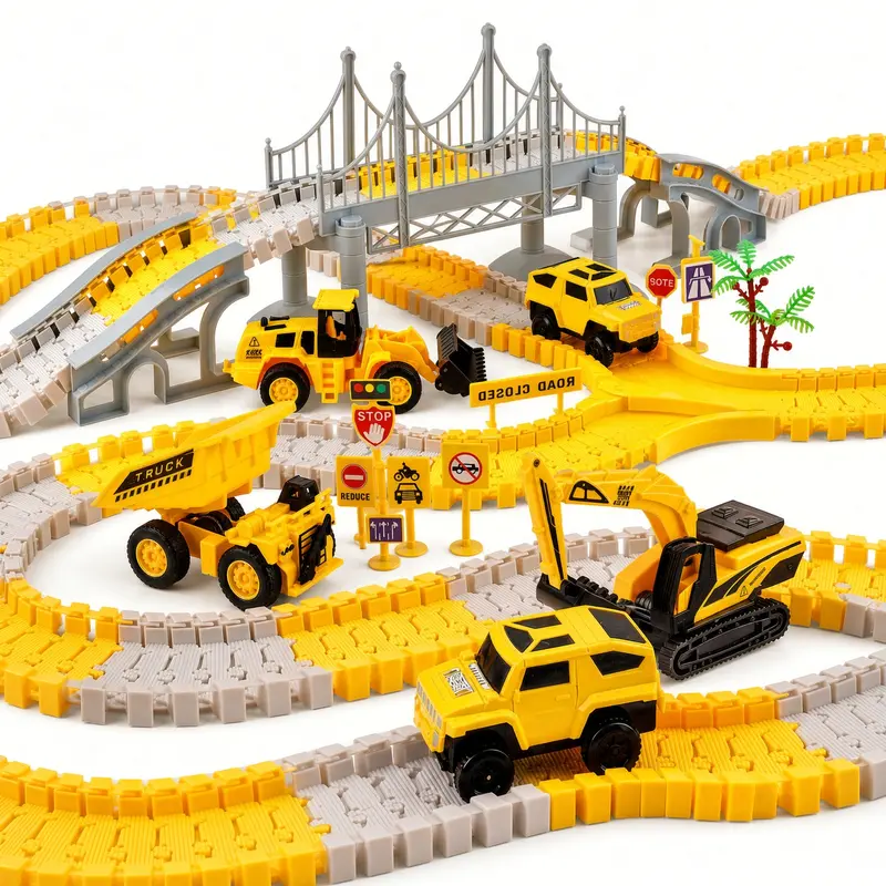 276 Pcs Construction Race Track Toy for Boys Age 3-7, Flexible Bendable Track Playset with Suspension Bridge & Electric Cars, Excavator Dump Truck Engineering Vehicle Gift