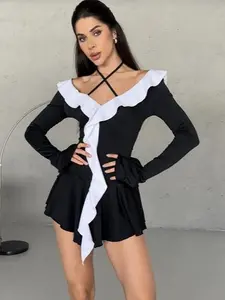 LebellaNova Girly Coquette Long Flare Sleeve Fit and Flare Mini Bodycon Dress Casual Womenswear