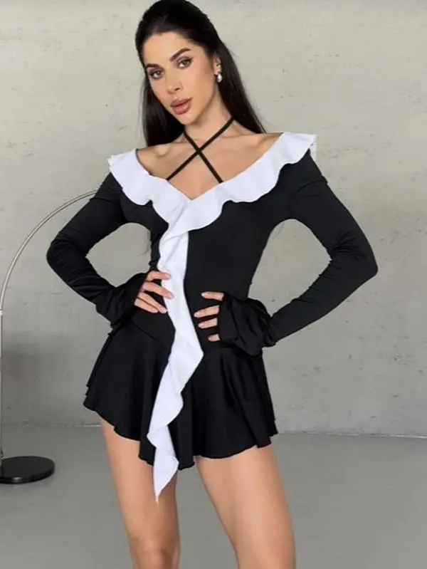 LebellaNova Girly Coquette Long Flare Sleeve Fit and Flare Mini Bodycon Dress Casual Womenswear