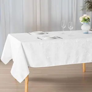 Jacquard White Tablecloth with Satin , Textured Fabric Rectangle Table Cloth for 6-8 Seats, Easy Clean Decorative Tablecloth for Daily Dining Spring Party Formal Gatherings, 60 x 84 Inch