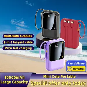10000mAh Mini Cute 5V2A Fast Charging Multifunctional Business Power Bank, Rechargeable Portable Mobile Phone Charger, Built-with 4 Cables, Ultra-bright LED Lights, Outdoor Travel Battery Packs, Smart Digital Display, Micro & Type-C Input