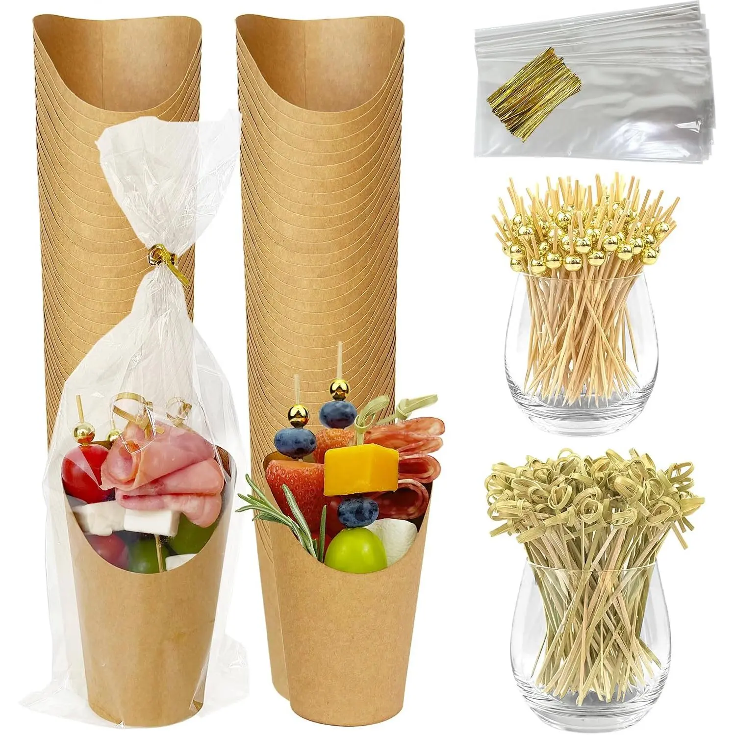 50-Set Durable Disposable Charcuterie Kit - Oil-Resistant 12 oz Recyclable Paper Containers, Knot Bags, Fry Holders, Appetizer Picks, Disposable Cups, 200 Pcs Sticks for Birthday Parties, Cookie, Plastic