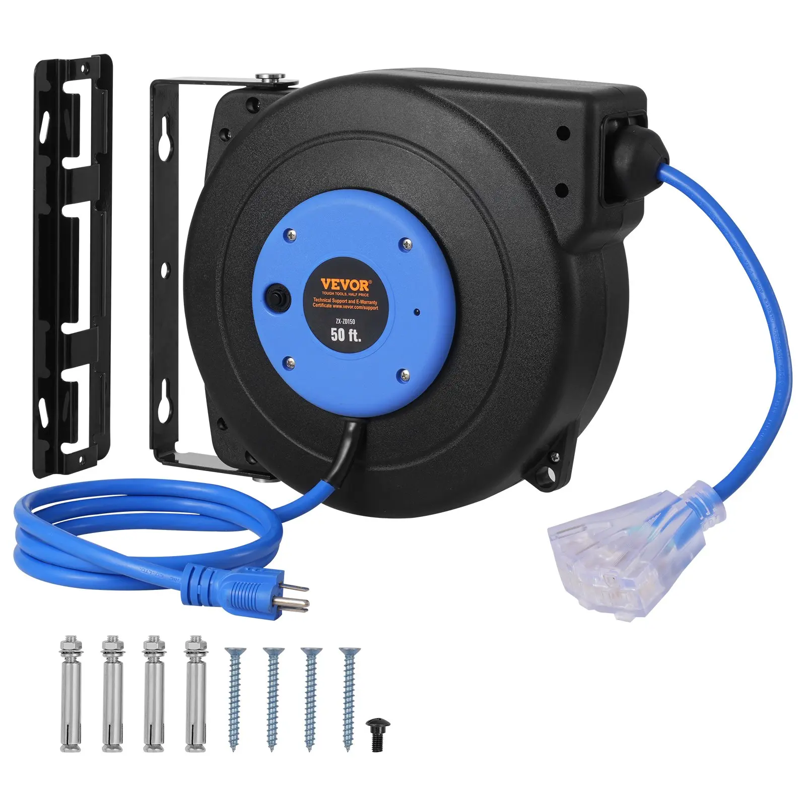 【DealsForYouDays】VEVOR Retractable Extension Cord Reel, 50 FT, Heavy Duty 14AWG/3C SJTOW Retractable Power Cord with Lighted Triple Tap Outlet, 13 Amp Circuit Breaker 180 °   Swivel Bracket for Ceiling or Wall Mount