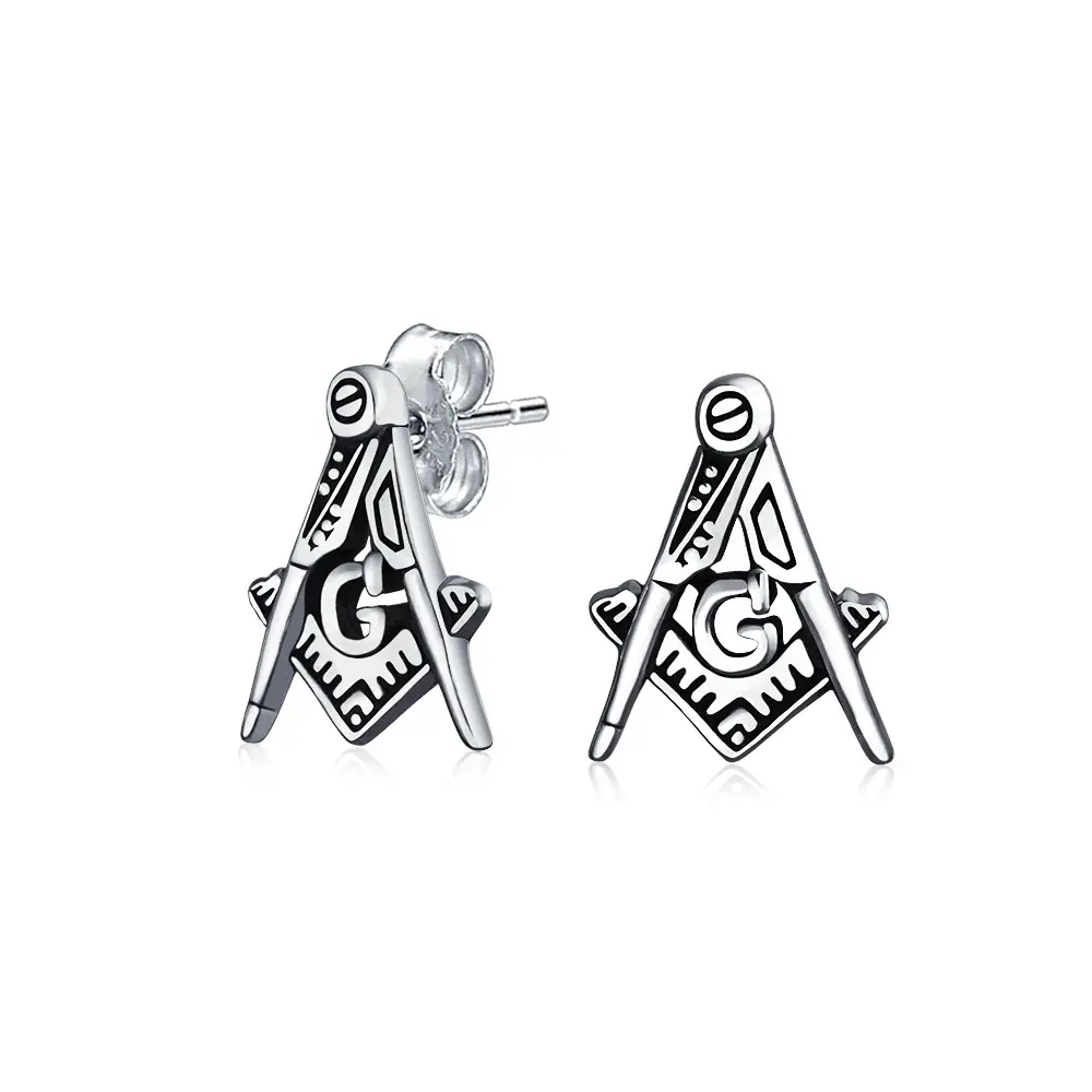 Tiny Square & Compass Masonic Freemason Stud Earrings .925 Sterling Silver