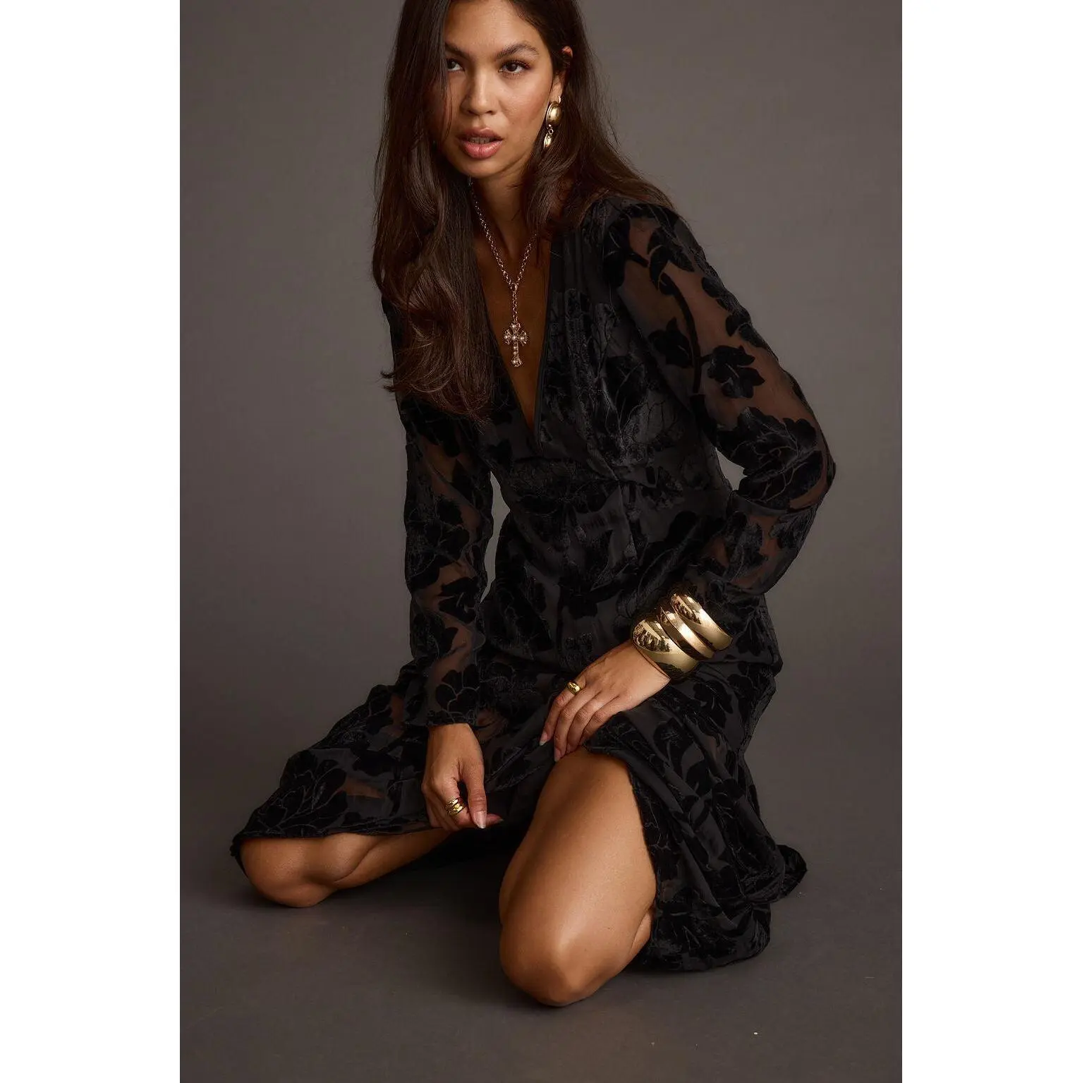 angela black velvet burnout long sleeve maxi dress Women's Angela Black Velvet Burnout Long-Sleeve Maxi Dress, Velvety Fabric,  Floor-Length Cut, Casual Style