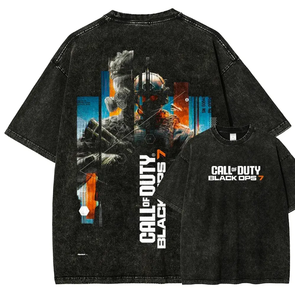 Call of Duty Black Ops Graphic Washed T Shirt, Black Oversized Vintage Cotton Tee with Futuristic Tactical Soldier Artwork, Distressed Gaming Streetwear Shirt for Black Ops Fans, COD Players, FPS Gamers, Techwear Lovers and Casual Fashion