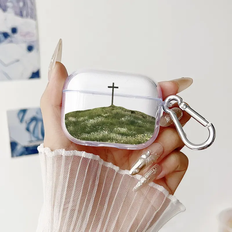 Cross on Hill Pattern TPU Soft Protective Case for Apple AirPods 4/3/2/1/Pro/Pro2 Transparent Earphone Cover with Keychain Attachment