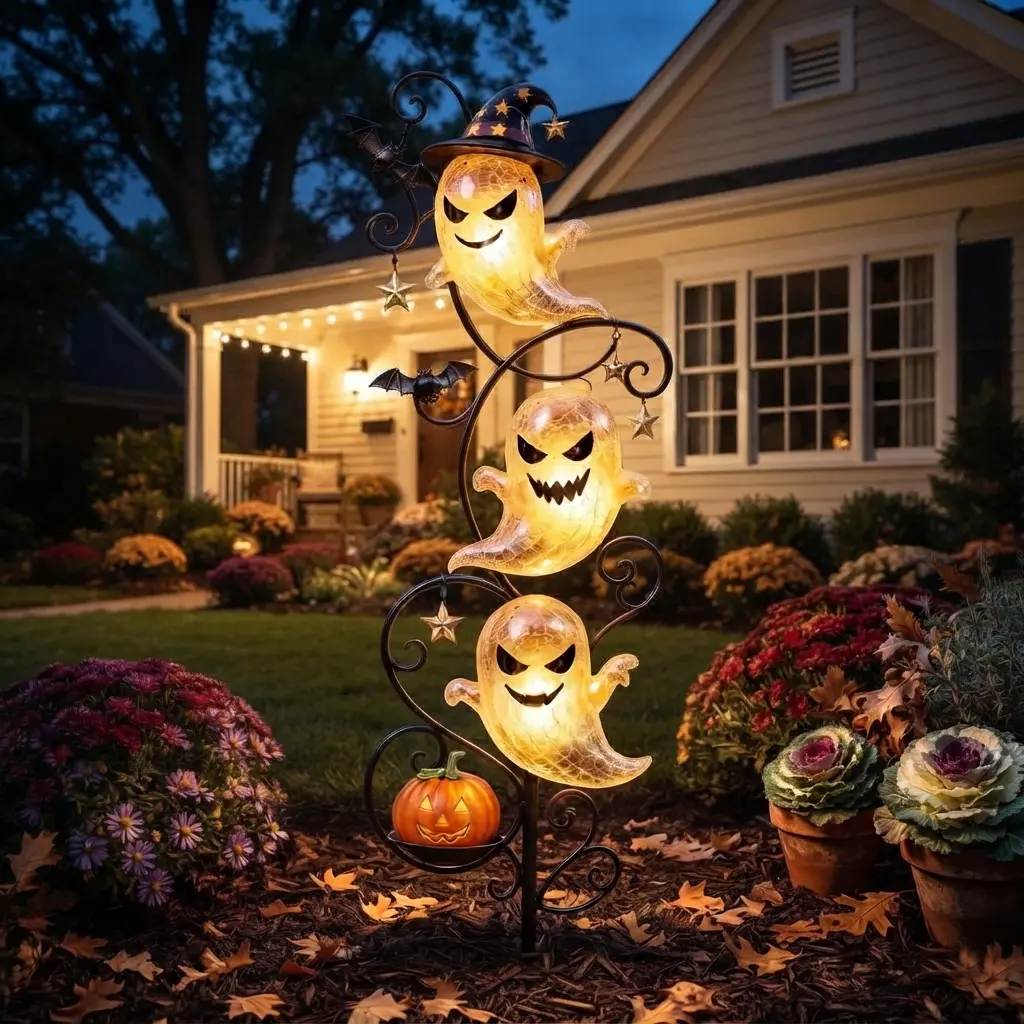 Halloween Solar Light-Up Triple Ghost Garden Stake - Spooky Outdoor LED Cracked Glass Yard Art Sculpture with Witch Hat & Pumpkin, Waterproof Landscape Decor for Lawn, Pathway, Patio, Spooky Season Party Supplies