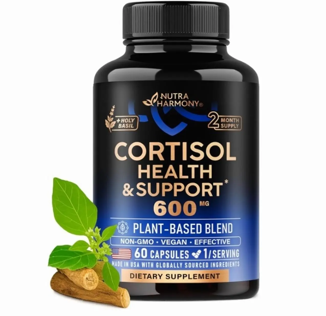 Cortisol Supplement for Women - Holy Basil | Ashwagandha | Rhodiola | L-Theanine - Plant-Based Hormone Balance - Mood, Focus & Sleep Support - Lab Tested - Vegan, Non-GMO - 60 Capsules for 2 Months