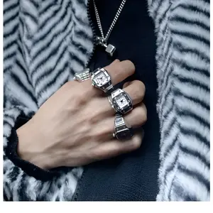 Flash & Finesse Flash & Finesse  Y2K Aesthetic Mini Clock Ring Set - 2pcs Mismatched Vintage Watch Finger Rings - Grunge Cyberpunk Statement Jewelry - Trendy E-girl Accessories for Teens Festival Gift