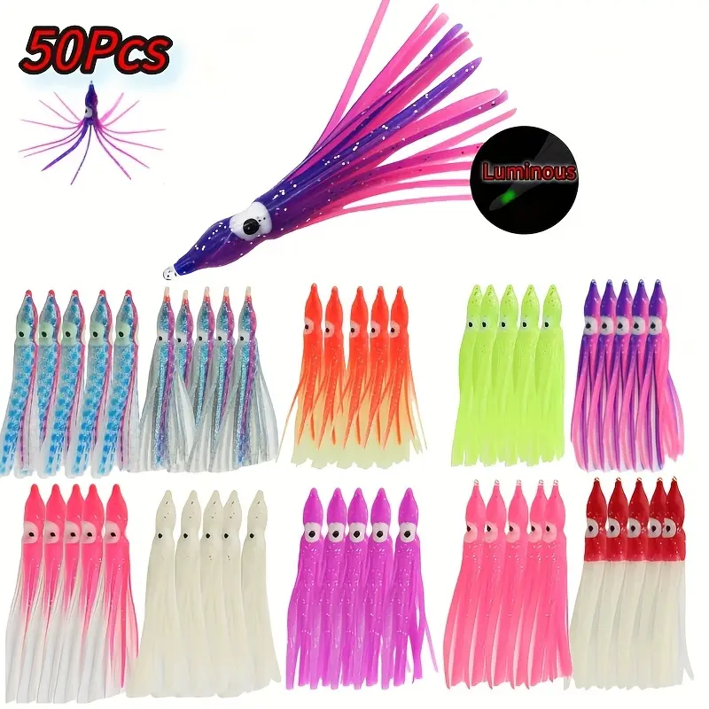 50-Pack Glow Squid Soft Baits - UV-Activated Night Fishing Lures, TPR Bite-Resistant Material, 3.54 Inch for All Waters & Species like Tuna, Mackerel, Trout