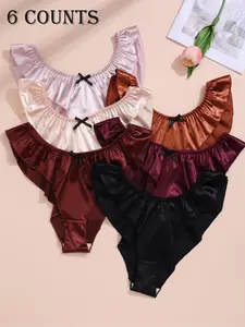 Women's Low Waist Plain Fitted Panties, Bow Design Comfortable Underwear, Elegant All-Season Ladies Lingerie Set of 6