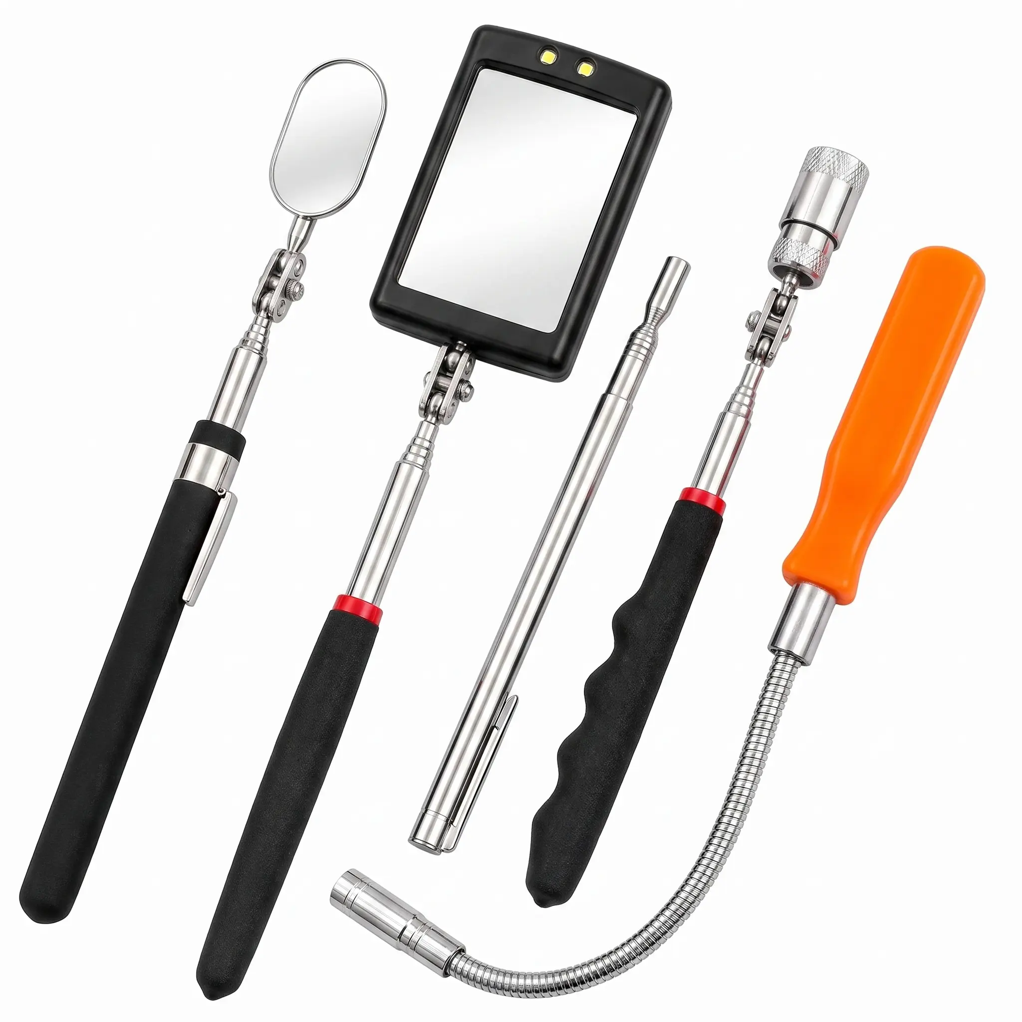 5-Piece Magnetic Pickup Tool Set with LED Inspection Mirrors, Telescopic & Flexible Reach for Home Repair
