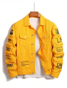 Streetwear with frayed edges and holes, yellow men's denim jacket, personalized heavy-duty printing, Y2K designer style men's denim jacket