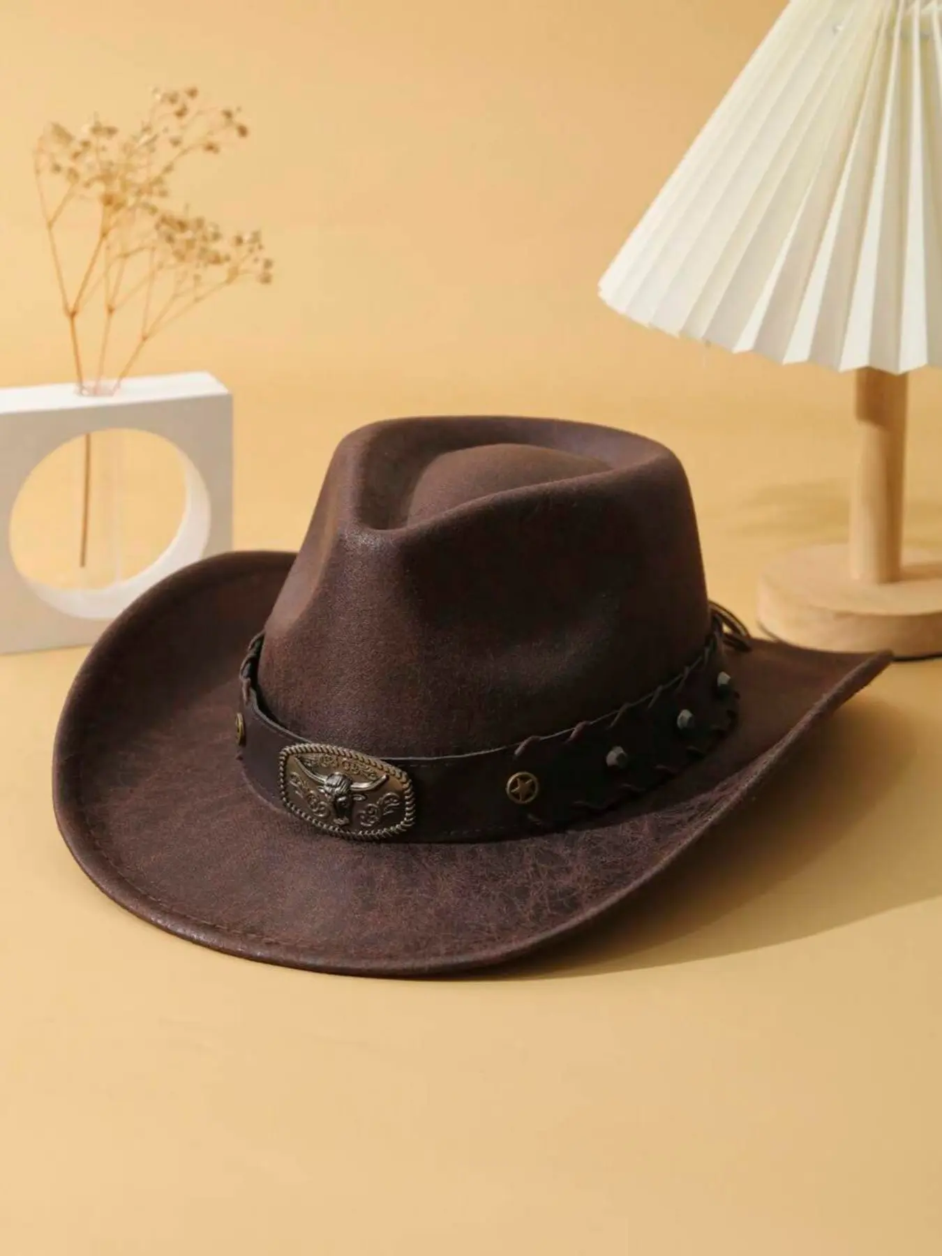 1pc Unisex Cattle Head & Belt Decor Handmade Panama Hat PU Wide Brim Cowgirl Hat Cowboy Hat Western Suitable Soft Felt Hat Fedora Hat Cowboy Style Hat For Outdoor